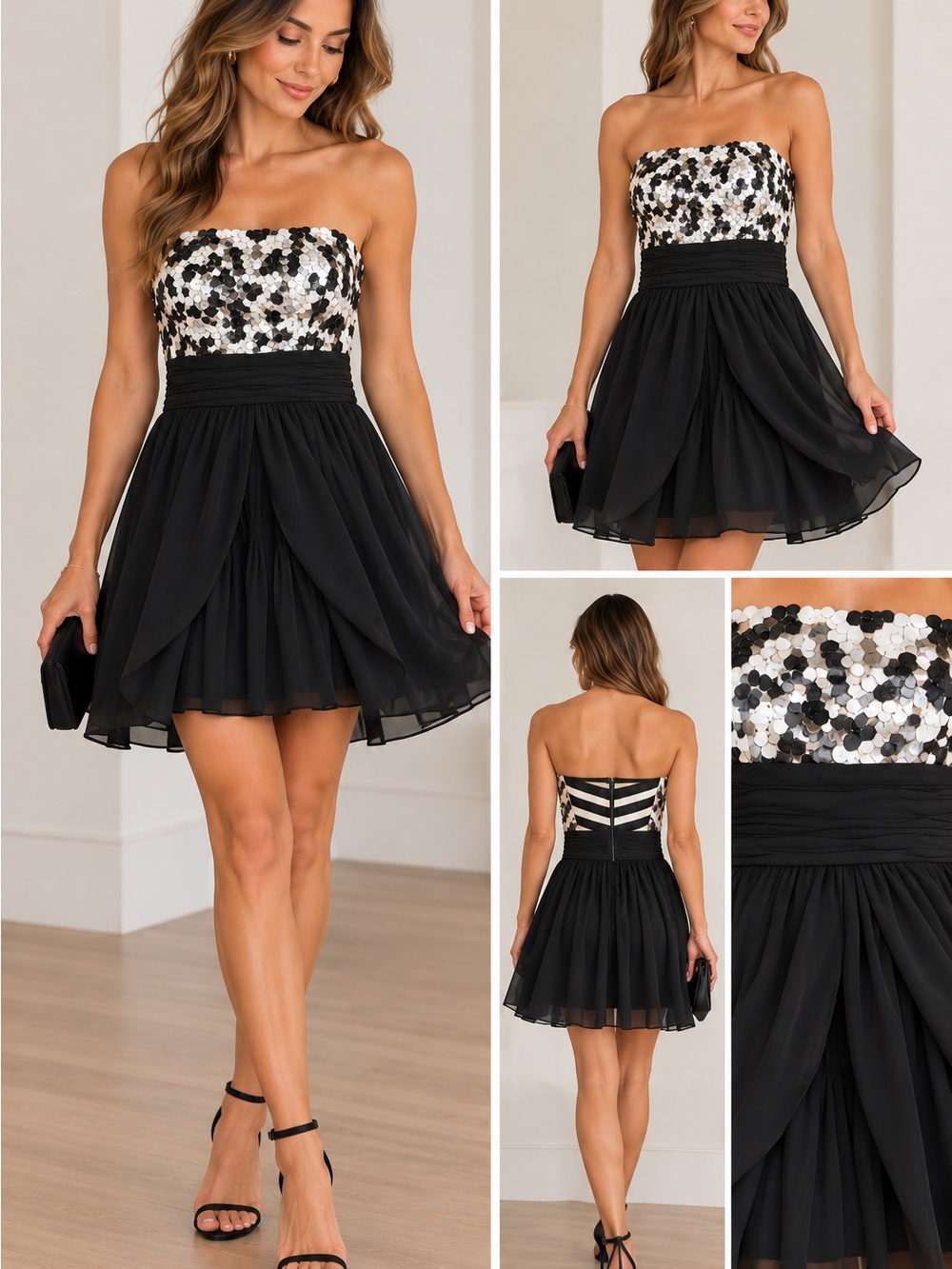 Alice + Olivia Strapless Sequin Cocktail Dress Black White Size 4/6